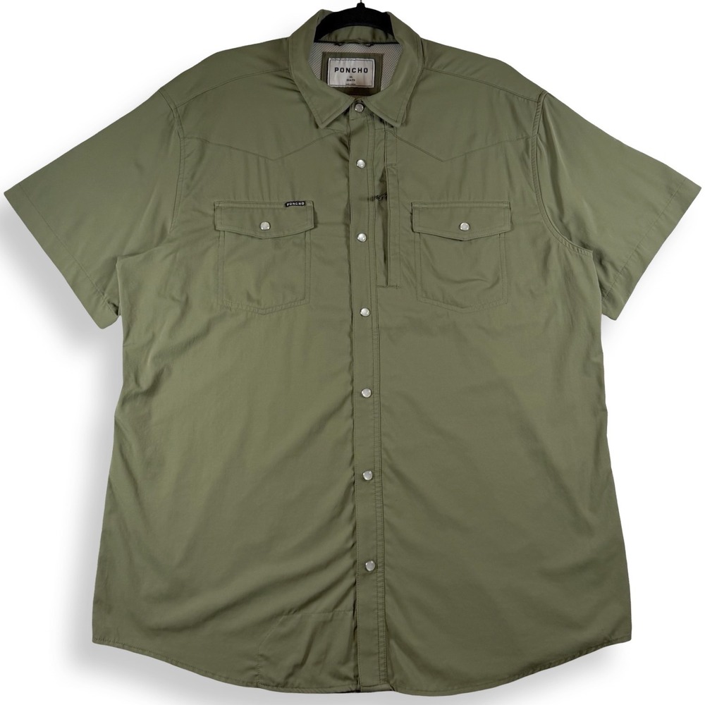 Poncho Outdoors Mens XL Slim Fit Olive Pearl Snap Fishing Shirt Short Sleeve